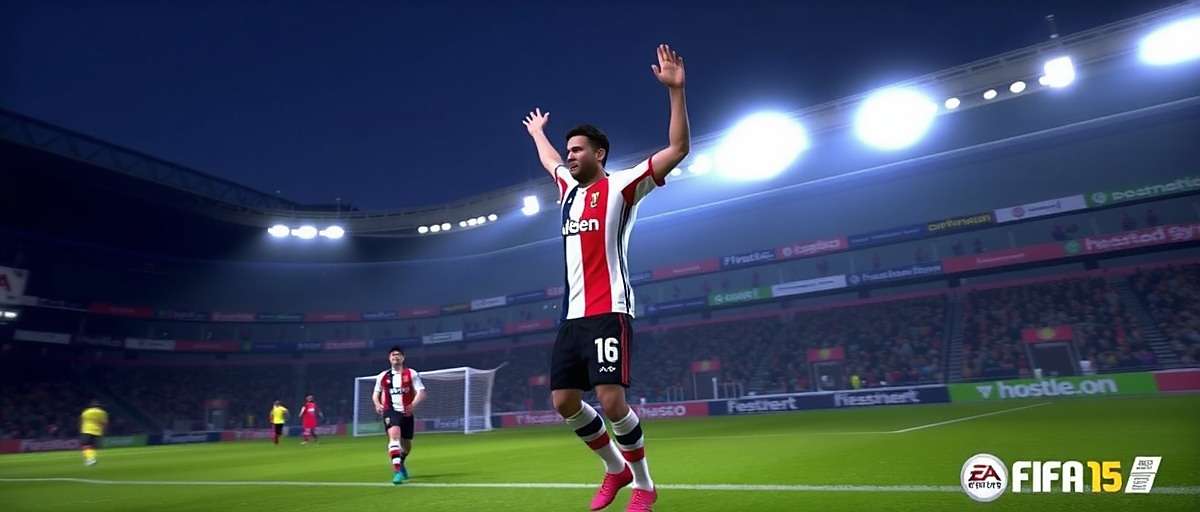 FIFA 15 gameplay showing a player celebration after scoring a goal