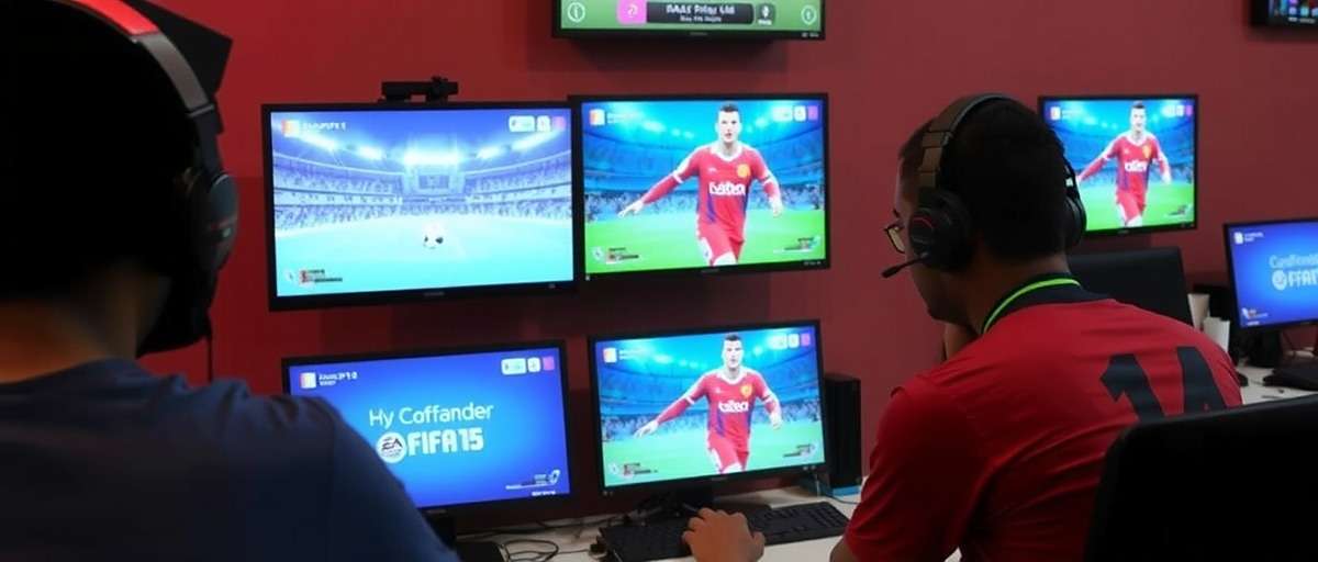 Indian gamers playing FIFA 15 in a cyber cafe in Mumbai